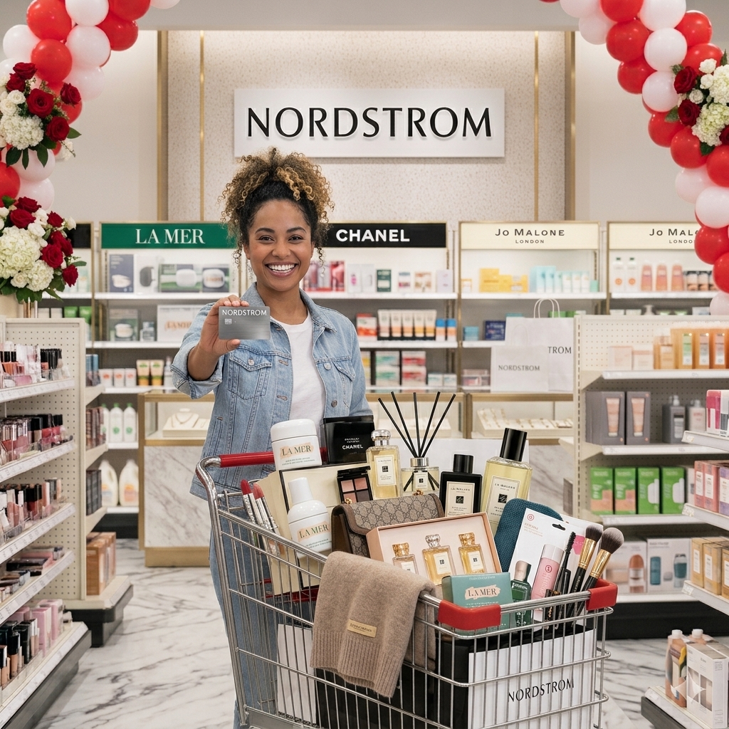 Smiling woman holding a Nordstrom gift card beside a cart full of beauty and fashion products